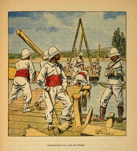 The War in Madagascar-Anekdotisk historie om de franske ekspeditioner i 1885-1895 af Henri Galli dit Galllichet (1854-1922), illustreret af Louis Bombled (1862-1927): Konstruktion af en bro af ånden på Ikopa-floden i 1895, Privat samling af Louis Charles Bombled