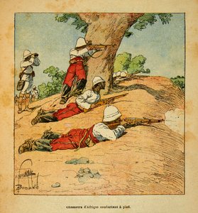 The War in Madagascar-Anekdotisk historie om de franske ekspeditioner i 1885-1895 af Henri Galli dit Galllichet (1854-1922), illustreret af Louis Bombled (1862-1927): Afrikas jægere kæmper til fods i Madagaskar i 1895, privat samling af Louis Charles Bombled