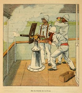The War in Madagascar-Anekdotisk historie om de franske ekspeditioner i 1885-1895 af Henri Galli dit Galllichet (1854-1922), illustreret af Louis Bombled (1862-1927): Kanonskud på Hovas ombord på canoniere "" La Brave "" i 1895, Privat Samling af Louis Charles Bombled