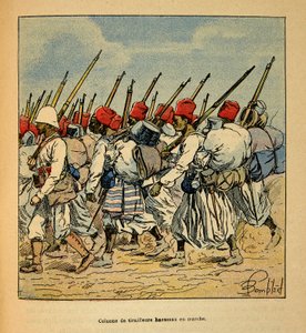 The War in Madagascar-Anekdotisk historie om de franske ekspeditioner i 1885-1895 af Henri Galli dit Galllichet (1854-1922), illustreret af Louis Bombled (1862-1927): Søjle af Haoussas Tirailleurs marcherer i 1895, privat samling af Louis Charles Bombled