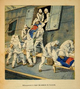 The War in Madagascar-Anecdotal History of the French Expeditions of 1885-1895 af Henri Galli dit Galllichet (1854-1922), illustreret af Louis Bombled (1862-1927): Landgang til Algier i 1895 af de syge tropper fra hospitalsskibet "Shamrock" fra Ma af Louis Charles Bombled