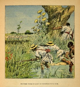 The War in Madagascar-Anekdotisk historie om de franske ekspeditioner i 1885-1895 af Henri Galli dit Galllichet (1854-1922), illustreret af Louis Bombled (1862-1927): Hovas Tirailleurs angriber militærbygningen en vej i 1895, privat samling af Louis Charles Bombled