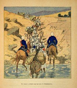 The War in Madagascar-Anekdotisk historie om de franske ekspeditioner i 1885-1895 af Henri Galli dit Galllichet (1854-1922), illustreret af Louis Bombled (1862-1927): en militærkonvoj på vejen til Suberbieville i 1895, privat samling af Louis Charles Bombled