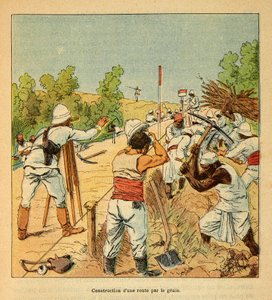 The War in Madagascar-Anecdotal History of the French Expeditions of 1885-1895 af Henri Galli dit Galllichet (1854-1922), illustreret af Louis Bombled (1862-1927): Anlæg af en vej i Madagaskar af Genie i 1895, privat samling af Louis Charles Bombled