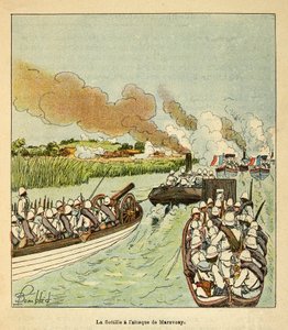 The War in Madagascar-Anekdotisk historie om de franske ekspeditioner i 1885-1895 af Henri Galli dit Galllichet (1854-1922), illustreret af Louis Bombled (1862-1927): Marineinfanteriet angreb byen Marovoay i 1895, privat samling af Louis Charles Bombled