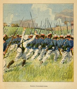 The War in Madagascar-Anekdotisk historie om de franske ekspeditioner i 1885-1895 af Henri Galli dit Galllichet (1854-1922), illustreret af Louis Bombled (1862-1927): Franske tropper under Antanamitarana-slagene i 1895, Privat samling af Louis Charles Bombled