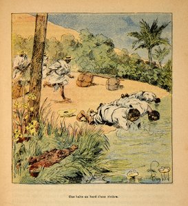 The War in Madagascar-Anekdotisk historie om de franske ekspeditioner i 1885-1895 af Henri Galli dit Galllichet (1854-1922), illustreret af Louis Bombled (1862-1927): Et stop ved floden i 1895, privat samling af Louis Charles Bombled