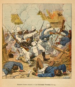 The War in Madagascar-Anekdotisk historie om de franske ekspeditioner i 1885-1895 af Henri Galli dit Galllichet (1854-1922), illustreret af Louis Bombled (1862-1927): Løjtnant Foreston sår under kampene ved Ambolomonty i 1895, privat samling af Louis Charles Bombled