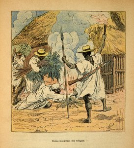 The War in Madagascar-Anekdotisk historie om de franske ekspeditioner i 1885-1895 af Henri Galli dit Galllichet (1854-1922), illustreret af Louis Bombled (1862-1927): Hovas brændende landsbyer, privat samling af Louis Charles Bombled