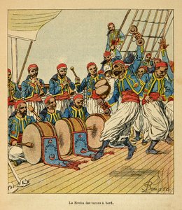 The War in Madagascar-Anekdotisk historie om de franske ekspeditioner 1885-1895 af Henri Galli dit Galllichet (1854-1922), illustreret af Louis Bombled (1862-1927): De ni tyrkere ombord på skibet, der sejler til Madagaskar, privat samling af Louis Charles Bombled