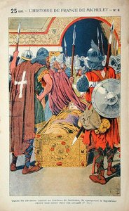 Opdagelsen af det mumificerede lig af kejser Justinian (483-565) under korsfarernes indtog af Konstantinopel i 1204, illustration fra 