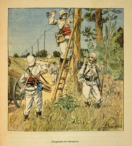 Krigen i Madagaskar-Anekdotisk historie om de franske ekspeditioner 1885-1895 af Henri Galli dit Galllichet (1854-1922), illustreret af Louis Bombled (1862-1927): Implementering af kampagnetelegrafen af militæret i Madagaskar i 1895, privat saml af Louis Charles Bombled