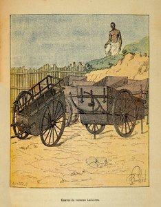 Krigen i Madagaskar-Anekdotisk historie om de franske ekspeditioner 1885-1895 af Henri Galli dit Galllichet (1854-1922), illustreret af Louis Bombled (1862-1927): Konvoj af biler Lefebvre bruger til forsyning af tropper, Privat samling af Louis Charles Bombled