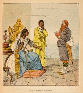 Krigen i Madagaskar-Anekdotisk historie om de franske ekspeditioner 1885-1895 af Henri Galli dit Galllichet (1854-1922), illustreret af Louis Bombled (1862-1927): en engelsk journalist interviewede dronning Ravanalo i 1895 i nærværelse af hans premierminis af Louis Charles Bombled
