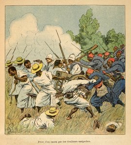 Krigen på Madagaskar - Anekdotisk historie om de franske ekspeditioner i 1885-1895 af Henri Galli dit Galllichet (1854-1922), illustreret af Louis Bombled (1862-1927): Madagaskar beslaglagde en kanon under Ambolomonty-slagene i 1895, Privat Samling af Louis Charles Bombled