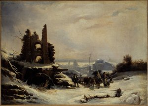 Hjemkomsten fra markedet (sneeffekt over Paris), ca. 1830 (olie på lærred) af Louis Claude Mallebranche
