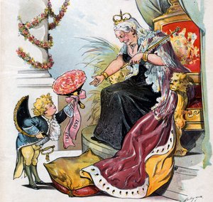 Puck bukker og overrækker en buket blomster med påskriften "1837 1897" til dronning Victoria