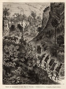 En konvoj af købmænd og deres portører på vej til Yunnan (Kina), indgraveret efter tegningen af L. Delaporte, for at illustrere udforskningsrejsen i Indokina af Francis Garnier, skibsløjtnant, i 1866-1868, udgivet i "" Le tour du monde”” 187 af Louis Delaporte