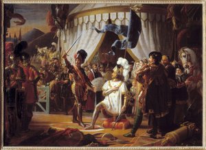 Frans I af Frankrig anmoder om at blive slået til ridder af Chevalier Bayard efter sejren i slaget ved Marignano, Italien, 1515 -