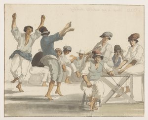 Dansende maltezer matrozen Dans af vores maltesiske sømænd (titel på objekt) Rejser i Italien, Sicilien og Malta - 1778 (serietitel) af Louis Ducros