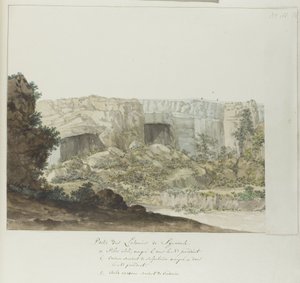 Gedeelte van Latomies hule ved Syracuse En del af Latomies of Syracuse (titel på objekt) Rejser i Italien, Sicilien og Malta - 1778 (serietitel) af Louis Ducros