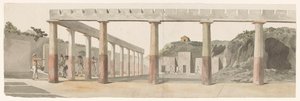 Udsigt over romerske kaserner og søjlegange i Pompeji Vue des Casernes Romaines & de la Colonnade de Pompeja (titel på objekt) Voyage en Italy, og Sicile et à Malte - 1778 (serietitel) af Louis Ducros
