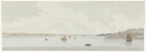 Se en del af Mare Piccolo Udsigt over en del af Mare Piccolo, hvor var placeringen af ​​den gamle bro, mundingen af ​​Galesus (titel på objektet) Rejser i Italien, Sicilien og Malta - 1778 (serietitel)
