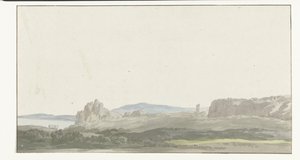 Se på en rots ved Golf van Tarente i nærheden af ​​Gallipoli Udsigt fra en klippe ved Taranto-bugten i nærheden af ​​Gallipoli (titel på objektet) Rejser i Italien, Sicilien og Malta - 1778 (serietitel)