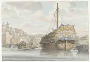 Udsigt over haven med galei schip vlakbij de werf Set fra neden af ​​Port des Galères i Malthe, taget fra værftet (titel på objekt) Rejser i Italien, Sicilien og Malta - 1778 (serietitel) af Louis Ducros