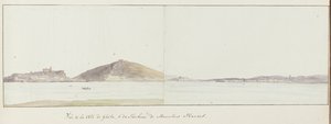 Se på kysten af ​​Gaeta og mausoleum af Munatius Plancus (Lucio Munazio Planco) Vue de la côte de Gaëta, & du Tombeau de Munatius Plancus (titel på objekt) Voyage en Italie, en Sicile et à Malte - 1778 (serietitel) af Louis Ducros