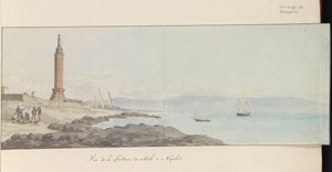 Udsigt over fyrtårnet ved havnehovedet i Napoli Vue de la Lanterne du Mole à Napoli (titel på objekt) Voyage en Italy, og Sicile et à Malte - 1778 (serietitel)