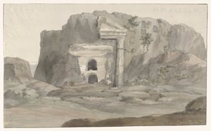 Grave med facade i dorisk stil hugget ind i klippen nær Syracuse Voyage en Italy, og Sicile et à Malte - 1778 (serietitel) af Louis Ducros
