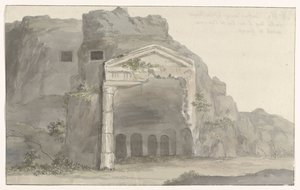 Grave med facade i dorisk stil hugget ind i klippen nær Syracuse Voyage en Italy, og Sicile et à Malte - 1778 (serietitel)
