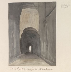 Ingang van grot Crypta Neapolitana (af Grotta di Posillipo) aan de kust van Pozzuoli Indgang til Pausilype-hulen nær Pozzuoli (titel på objektet) Rejser i Italien, Sicilien og Malta - 1778 (serietitel)