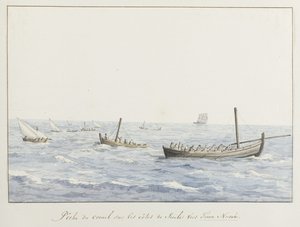 Koraalvissers voor de kyst af Sicilië ter højde af Terra Nuova Koralfiskeri på Siciliens kyster mod Terra Nuova (titel på objekt) Rejser i Italien, Sicilien og Malta - 1778 (serietitel) af Louis Ducros