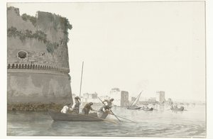 Mosselvissers op Mare Piccolo bij de vestingwerken van Taranto Fiskeri efter muslinger i Mare piccolo i Taranto set fra hjørnet af citadellet (titel på objektet) Rejser i Italien, Sicilien og Malta - 1778 (serietitel)