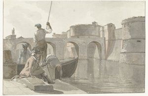 Ny vestingsgracht van de vestingwerken i Taranto Udsigt over den nye voldgrav i Citadel of Taranto (titel på objektet) Rejser i Italien, Sicilien og Malta - 1778 (serietitel) af Louis Ducros