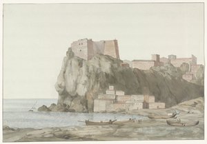 Bøsser i byen Scilla i de region Calabrië aan de westkust Rock & Town of Scilla i Calabrien; udsigt taget fra solnedgangssiden (titel på objekt) Rejser i Italien, Sicilien og Malta - 1778 (serietitel)