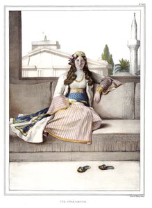 En athener. i "" Rejsen til Athen og Konstantinopel, eller samling af græske og osmanniske portrætter, udsigter og kostumer, malet på steder af efter naturen, litografier og farver af Louis Dupre (1789-1837), elev af David.1825. af Louis Dupré