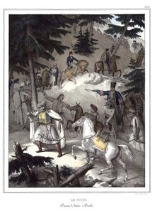 Le Pinde, traversee de Janina a Tricala. i "" Rejsen til Athen og Konstantinopel, eller samling af græske og osmanniske portrætter, udsigter og kostumer, malet på steder efter naturen, litografier og farver af Louis Dupre (1789-1837), Davids elev.1825 af Louis Dupré