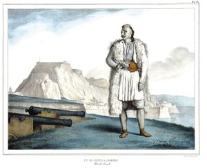 En Suliote på Korfu, Nicolo Pervoli, i "" Rejsen til Athen og Konstantinopel, eller samling af græske og osmanniske portrætter, udsigter og kostumer, malet på steder efter naturen, litografier og farver af Louis Dupre (1789-1837), Davids elev .1825. af Louis Dupré