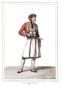 En albansk slagter i Athen. i "" Rejsen til Athen og Konstantinopel, eller samling af græske og osmanniske portrætter, udsigter og kostumer, malet på naturens steder, litografier og farver af Louis Dupre (1789-1837), Davids elev.1825. af Louis Dupré