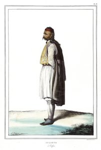 Suliote a Corfu, i "" Rejsen til Athen og Konstantinopel, eller samling af græske og osmanniske portrætter, udsigter og kostumer, malet på steder af efter naturen, litografier og farver af Louis Dupre (1789-1837), elev af David.1825. af Louis Dupré