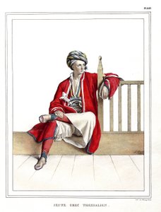 Ung græsk Thessalier. i "" Rejsen til Athen og Konstantinopel, eller samling af græske og osmanniske portrætter, udsigter og dragter, malet på steder efter naturen, litografier og farver af Louis Dupre (1789-1837), Davids elev.1825. af Louis Dupré