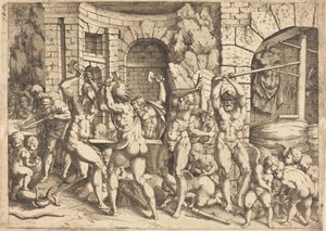 Vulcans smedje af Louis Elle I after Francesco Primaticcio