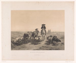 Landmand og hyrde med køer og får på vej til markedet En route pour le marché (titel på objekt) af Louis Emmanuel Soulange Teissier