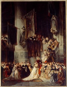 En ceremoni i Delft kirke. Maleri, der forestiller et bryllup i Holland i det 16. århundrede. Maleri af Louis Gabriel Eugene Isabey (1803-1886)