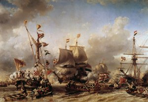 Anglo-hollandsk krig: "" Indskibning af den hollandske admiral Michel Adrien Ruyter (1607-1676) og William de Witt for slaget ved Texel"" Maleri af Louis Gabriel Eugene Isabey (1803-1886) Toulon fra det 19. århundrede, flådemuseum