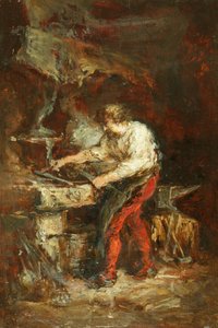 The Smithy (olie på panel) af Louis Eugene Gabriel Isabey