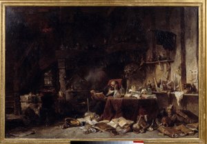 Alkymistens værksted Det er fyldt med hætteglas, hætteglas, stillbilleder. maleri af Louis Gabriel Eugene Isabey (1803-1886) 1848 søn. 0,66x0,99 m Lille musee des beaux arts.